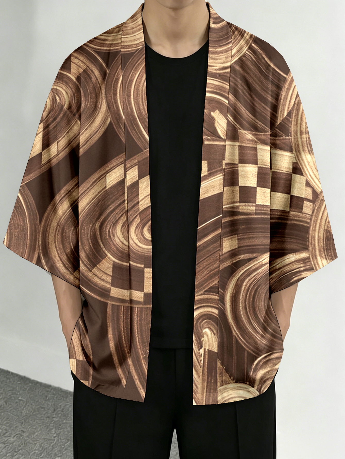 Street Fashion Kimono - Men's casual top Brown Abstract Swirl