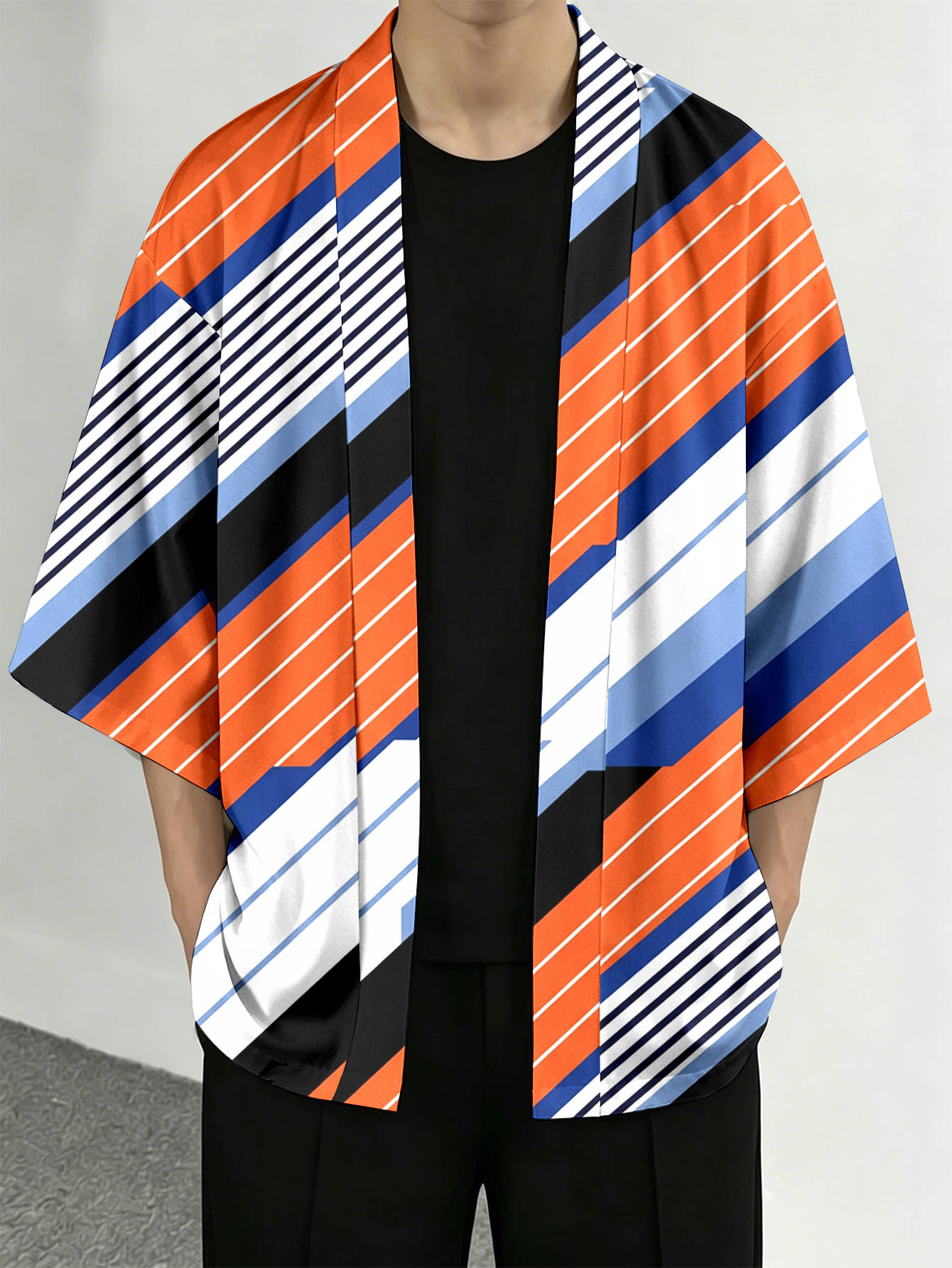 Street Fashion Kimono - Men's casual top Geometric Stripe Color