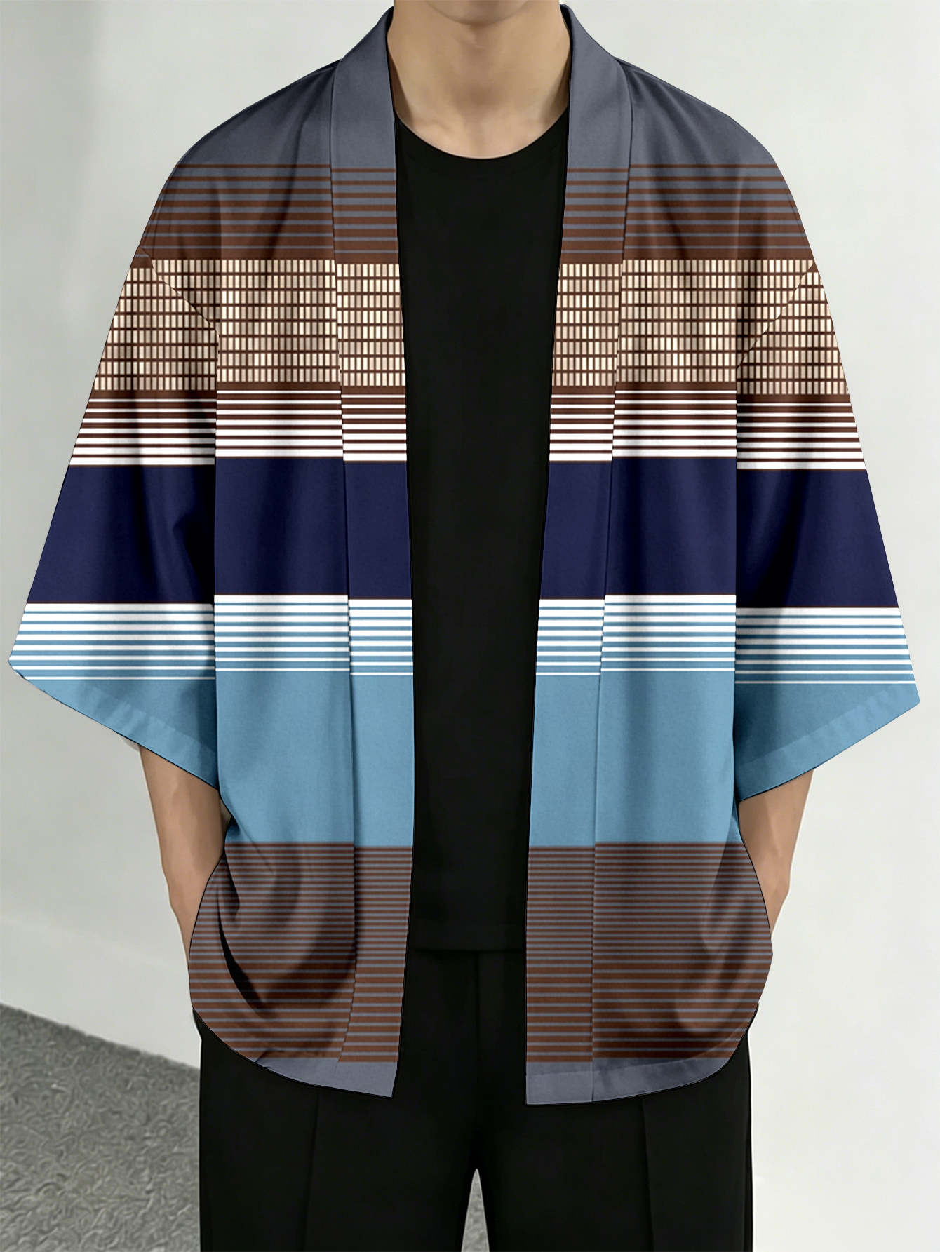 Street Fashion Kimono - Men's casual top Modern Geometric Striped
