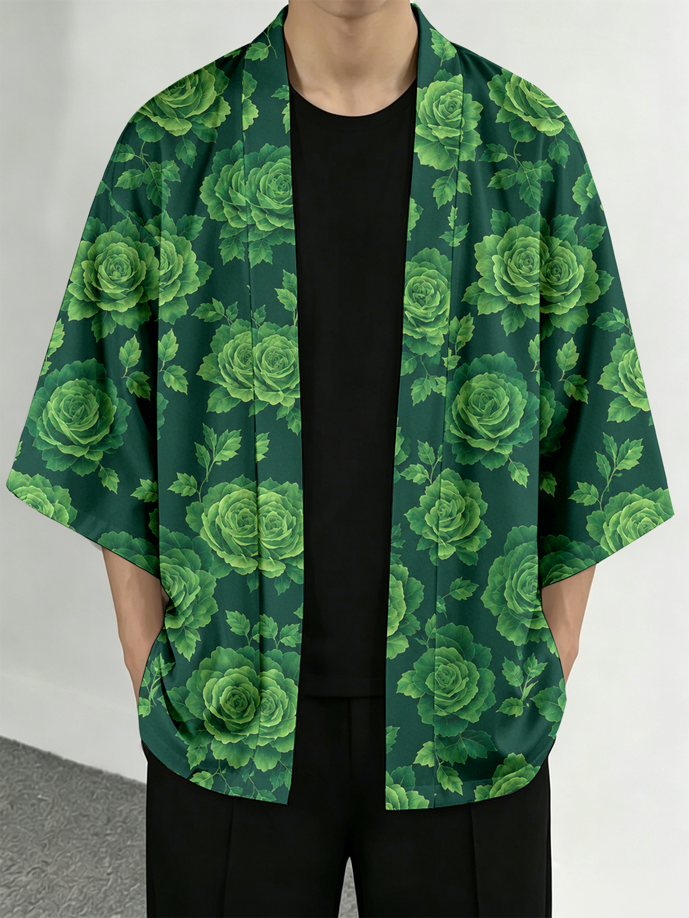 Street Fashion Kimono - Men's casual top Green Rose Leaf
