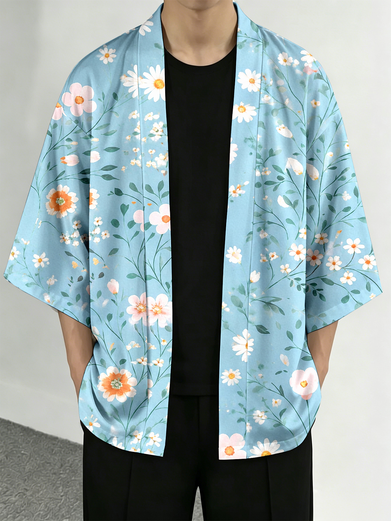 Men's casual top Floral Blue C - Street Fashion Kimono reseña y precio