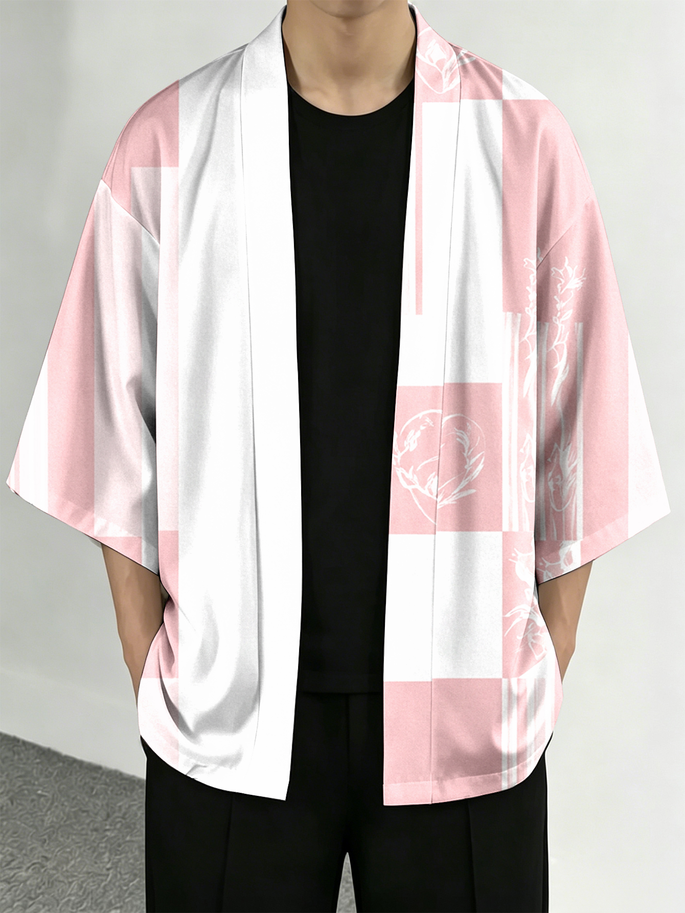 Men's casual top Pink and Whit - Street Fashion Kimono reseña y precio